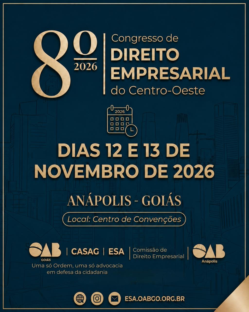 Cartaz oficial do 8º Congresso de Direito Empresarial do Centro-Oeste - 12 e 13 de Novembro de 2026 em Anápolis-GO